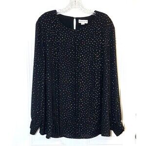 Ava and Viv Blouse Womens Plus Size 1X Black Metallic Gold Long Keyhole Back